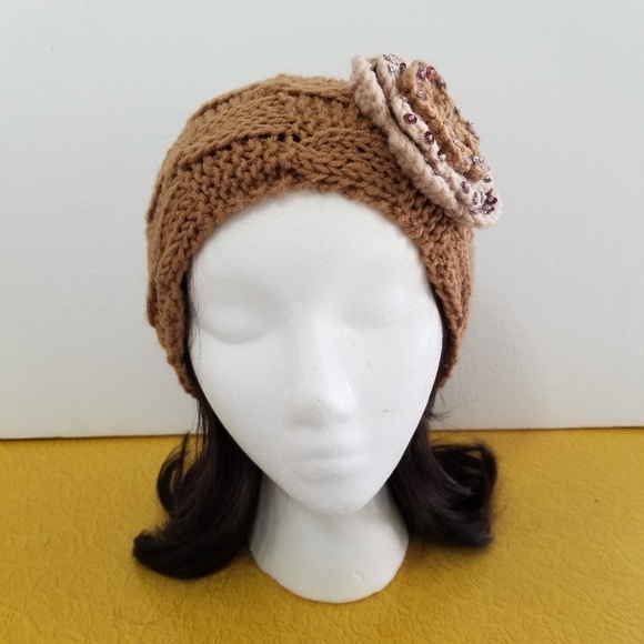 Brown Knit Headband with Cream Flower Accent - Picture 5 of 6